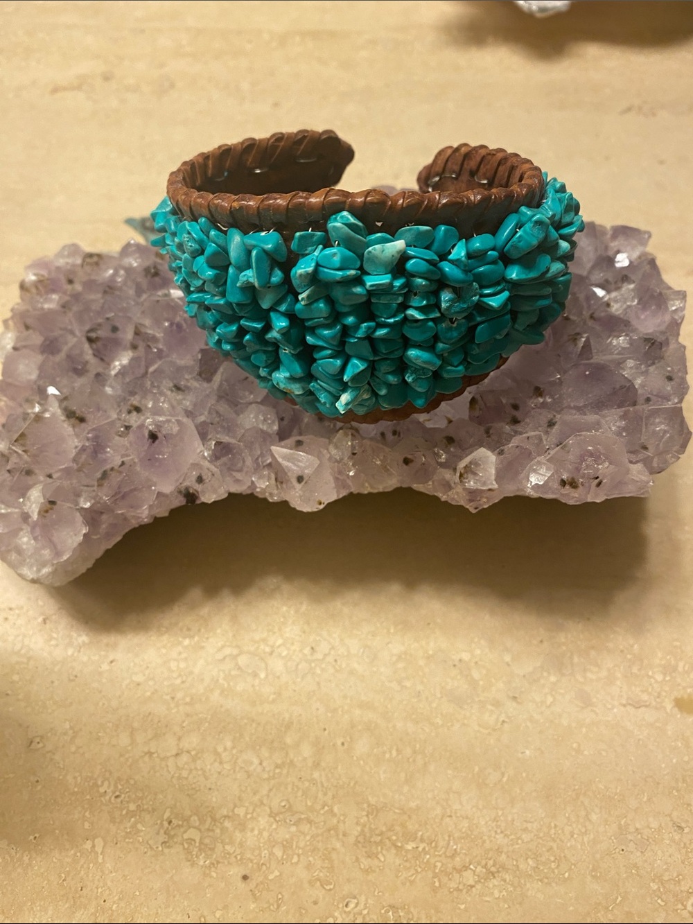 Turquoise Chip Bead Brown Leather Cuff Bracelet